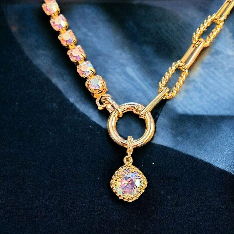 Crystal & Gold Snap Ring Necklace, Gold - 24 inch - - LadybugfeetDesigns -