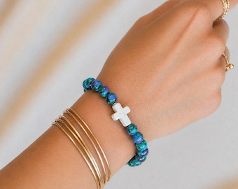 Teal Blue Green Beaded Cross Stretch bracelet