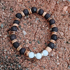 Aquamarine Gemstone Lava Bead Stretch bracelet-MARCH Birthstone - - LadybugfeetDesigns -