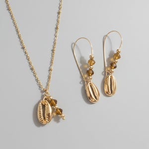 Cowrie Shell Crystal charm necklace and Earring set, Gold - - LadybugfeetDesigns -