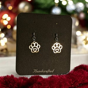 Dog Paw Charm Drop Stud Earrings-Silver - - LadybugfeetDesigns -