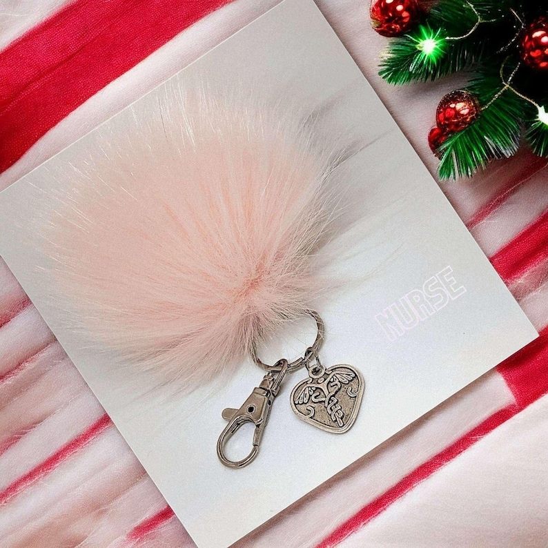 Nurse-Medical Worker Keychain/Faux Fur Pom Pom Charm Key Chain-Purse Charm/Journal Charm - - LadybugfeetDesigns -