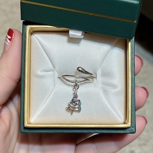 Christmas Tree Charm Dangle Wrap Ring - - LadybugfeetDesigns -