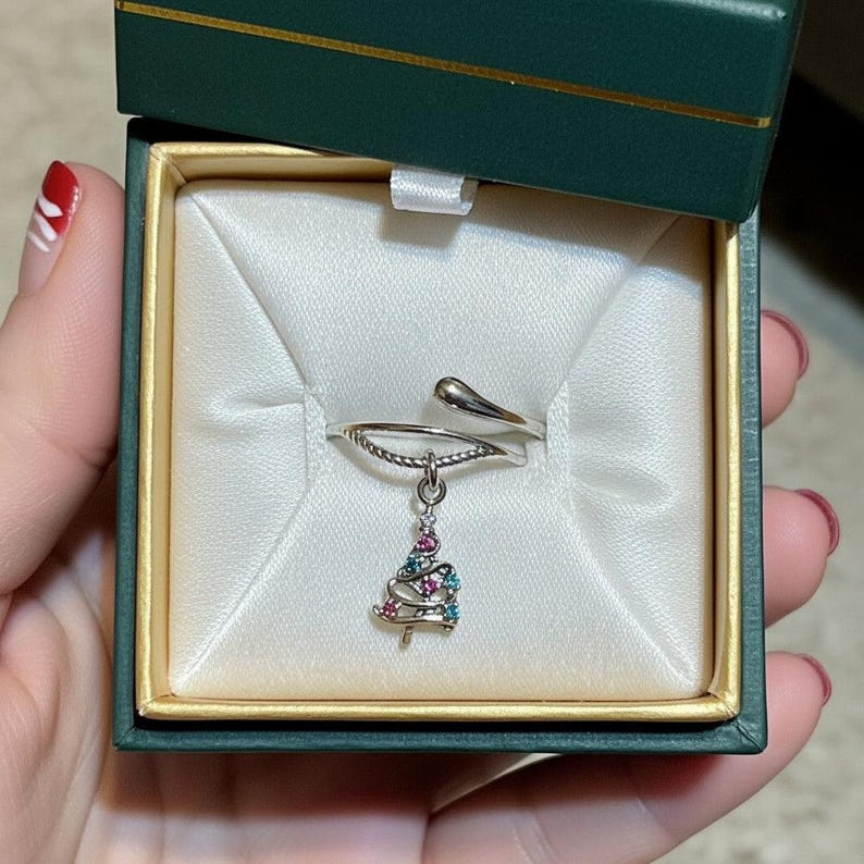 Christmas Tree Charm Dangle Wrap Ring - - LadybugfeetDesigns -