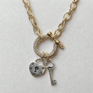 Heart Lock and Key Shackle Clasp Carabiner Necklace, Gold - 20 inch - - LadybugfeetDesigns -