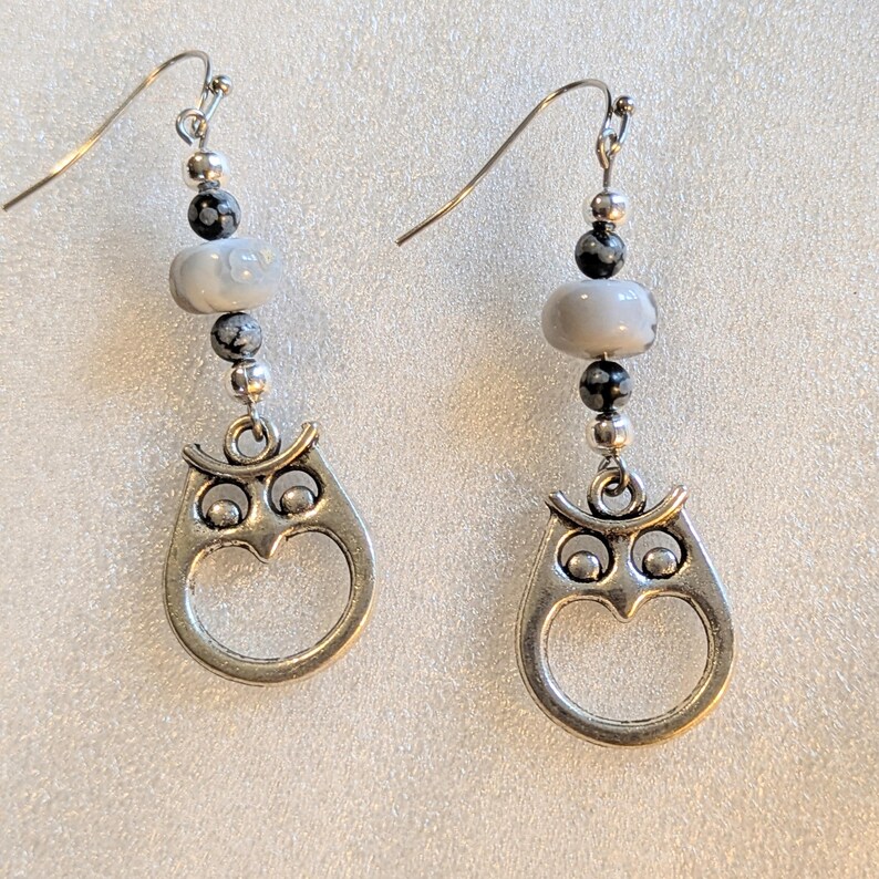 Owl Boulder Opal Beaded Hook Earrings, Silver - - LadybugfeetDesigns -