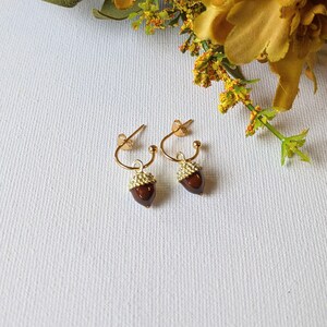Acorn Hoop Earrings, Gold - 12mm - - LadybugfeetDesigns -