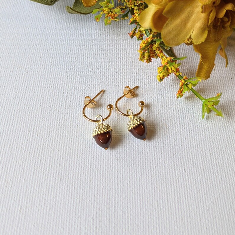 Acorn Hoop Earrings, Gold - 12mm - - LadybugfeetDesigns -