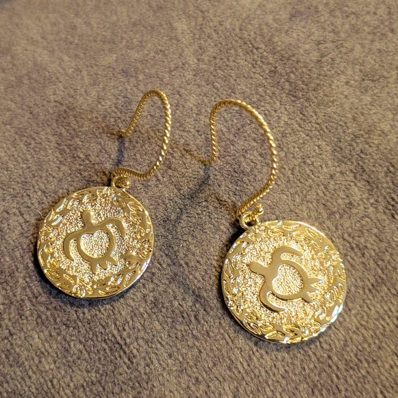Hawaiian Sea Turtle Disc Hook Earrings, Gold - - LadybugfeetDesigns -