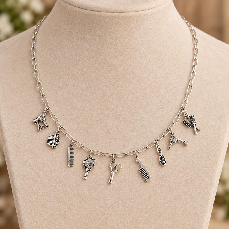 Hair Stylist Multi Charm Link Necklace, Silver - 20 inch - - LadybugfeetDesigns -
