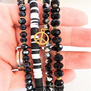 Black Crystal Peace Sign Stretch Bracelet Stack - - LadybugfeetDesigns -