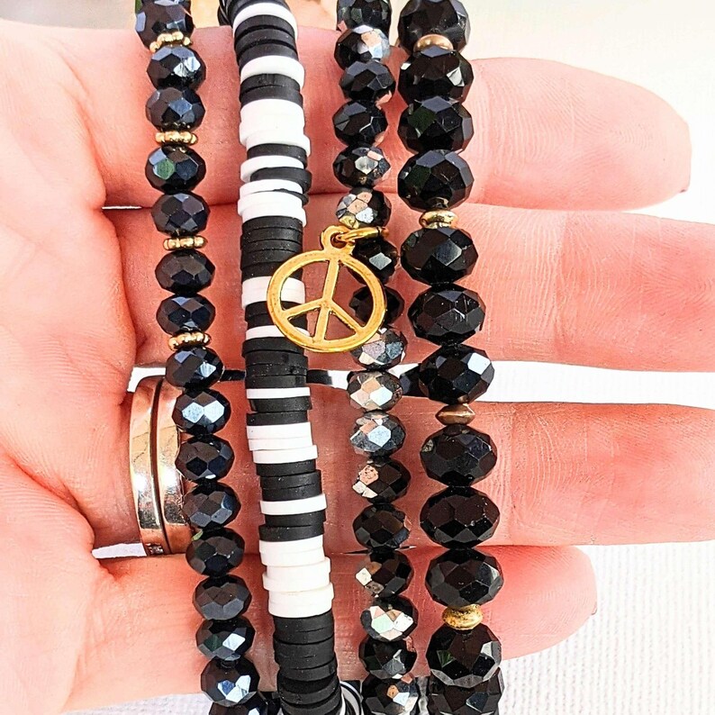 Black Crystal Peace Sign Stretch Bracelet Stack - - LadybugfeetDesigns -