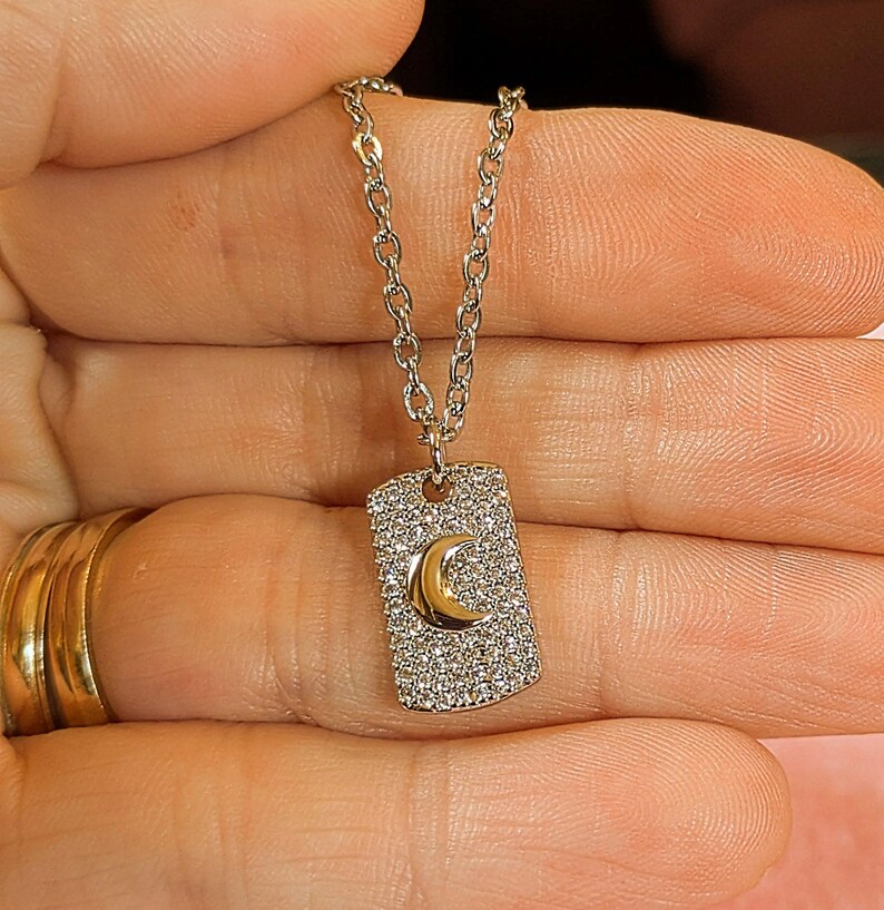 CZ Crescent Moon Tag Necklace, Silver - 20 inch - - LadybugfeetDesigns -