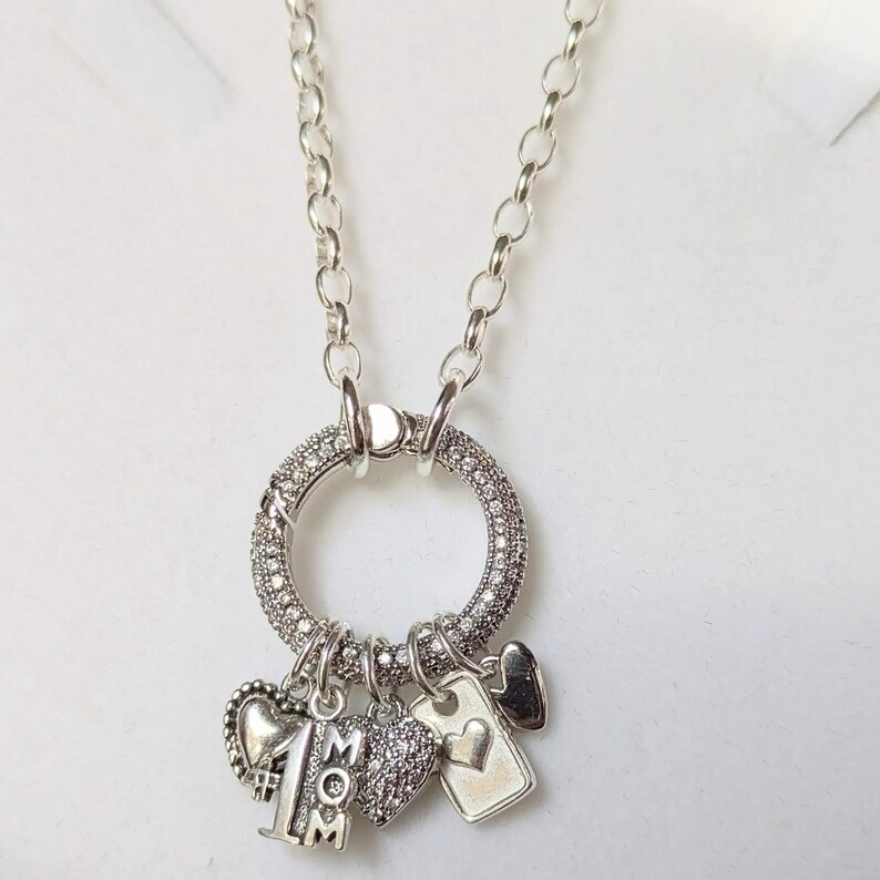 1 Mom Silver CZ Snap Ring Necklace, .925 Sterling Silver - 20 inch - - LadybugfeetDesigns -