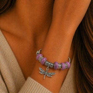 Lavender Beaded Dragonfly Euro Cuff Bangle, European Charm Bracelet - - LadybugfeetDesigns -
