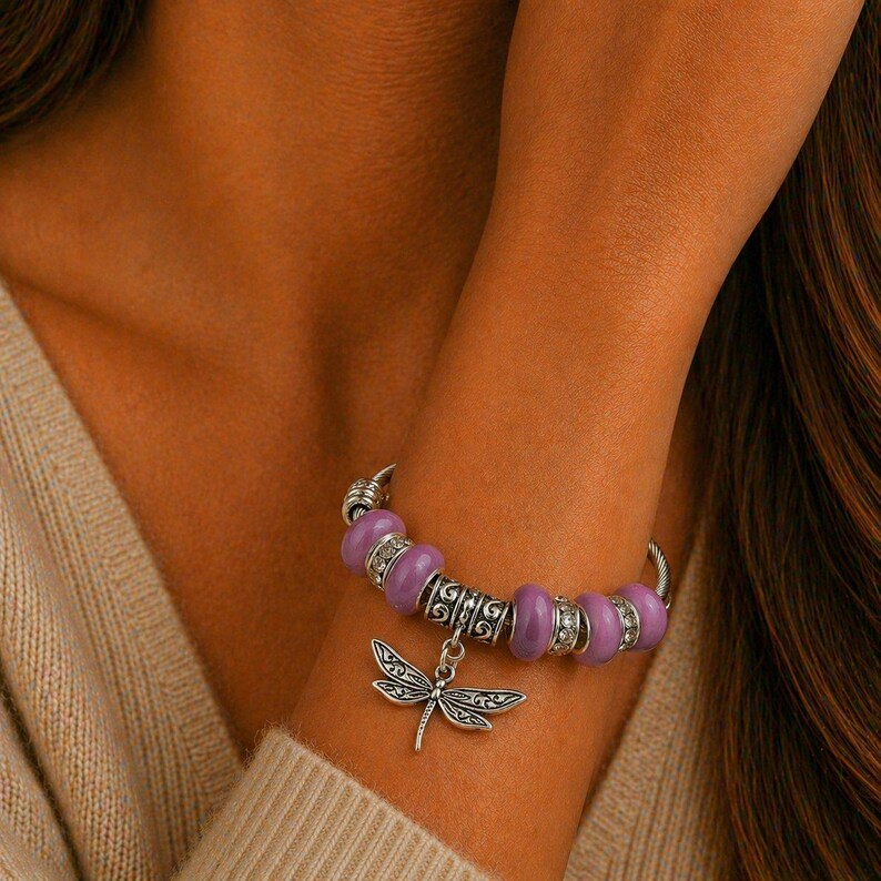 Lavender Beaded Dragonfly Euro Cuff Bangle, European Charm Bracelet - - LadybugfeetDesigns -