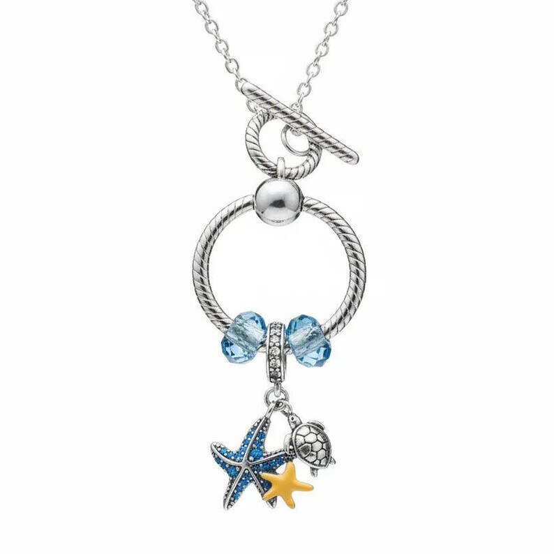 Sea Life Sterling Silver Toggle Charm Necklace, 20 inches - - LadybugfeetDesigns -