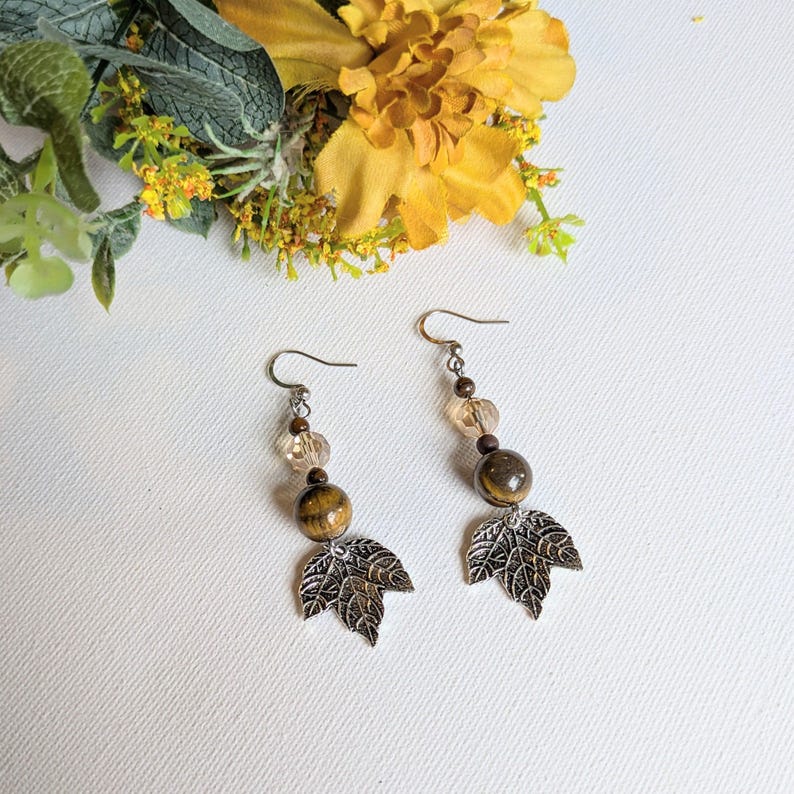 Maple Leaf Crystal Hook Earrings, Silver - - LadybugfeetDesigns -