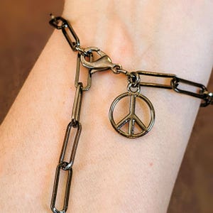 Peace Sign Gunmetal Paperclip Chain Bracelet