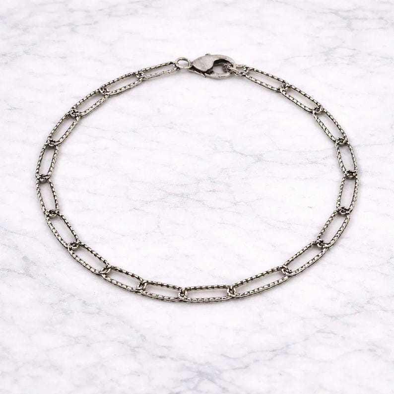 Antique Silver Textured Paperclip Link Charm Bracelet Base - D.i.y. - Build Your Charm Bracelet! - - LadybugfeetDesigns -