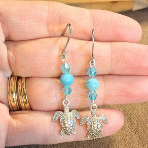 Sea Turtle Larimar Beaded Hook Earrings, Silver - - LadybugfeetDesigns -