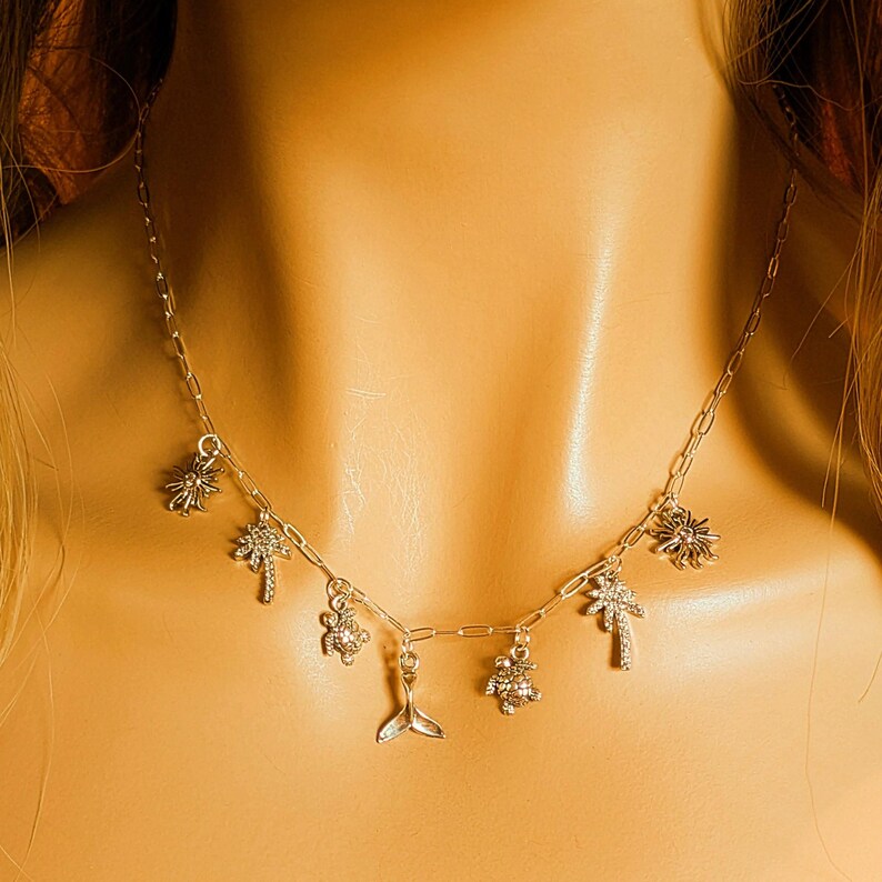 Tropic Vacation Multi Charm Link Necklace, .925 Sterling Silver - 20 inch - - LadybugfeetDesigns -