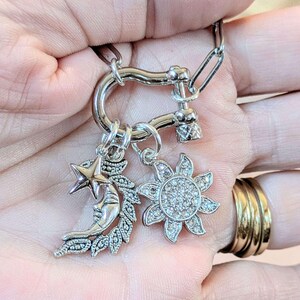 Celestial Moon Face, CZ Sun and Star Shackle Clasp Carabiner Necklace, Silver - 20 inch - - LadybugfeetDesigns -
