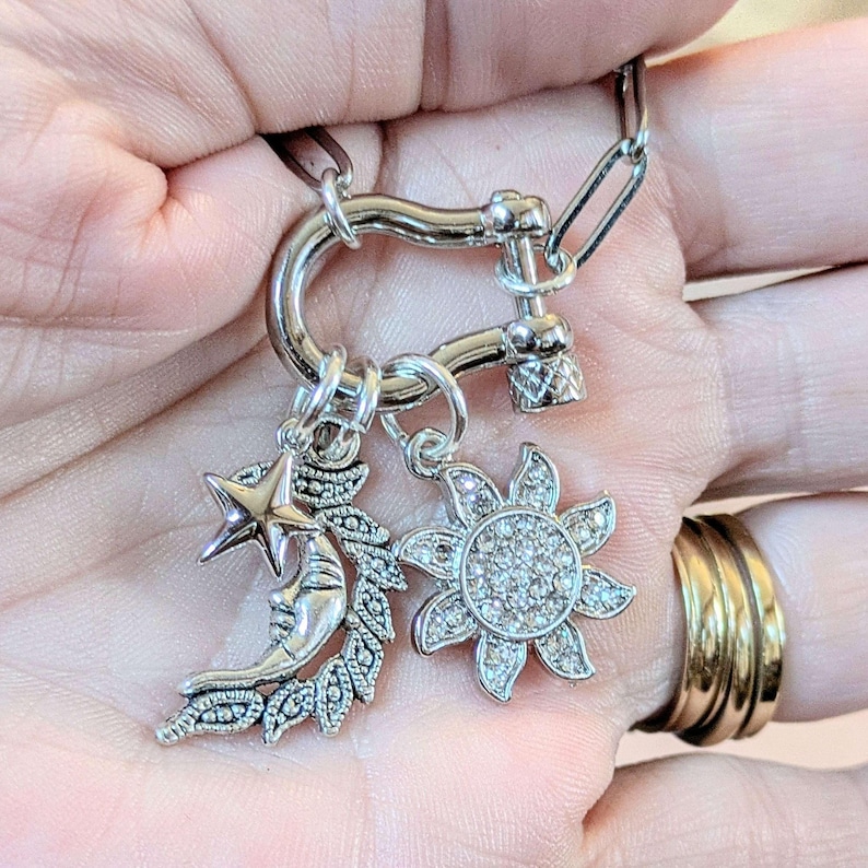 Celestial Moon Face, CZ Sun and Star Shackle Clasp Carabiner Necklace, Silver - 20 inch - - LadybugfeetDesigns -