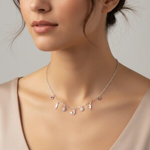 Celestial Multi Charm Link Necklace, .925 Sterling Silver - 20 inch - - LadybugfeetDesigns -