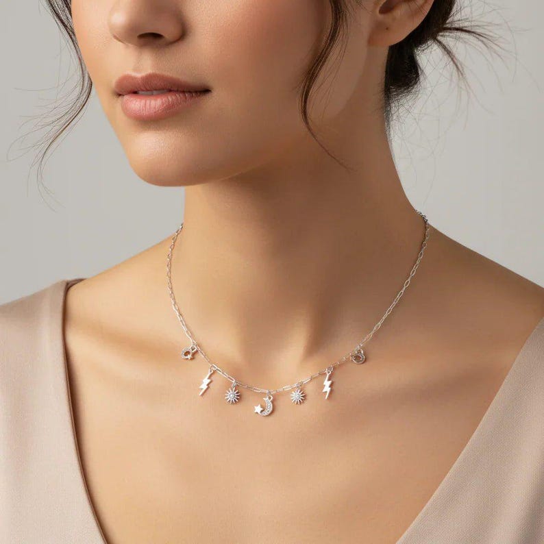 Celestial Multi Charm Link Necklace, .925 Sterling Silver - 20 inch - - LadybugfeetDesigns -