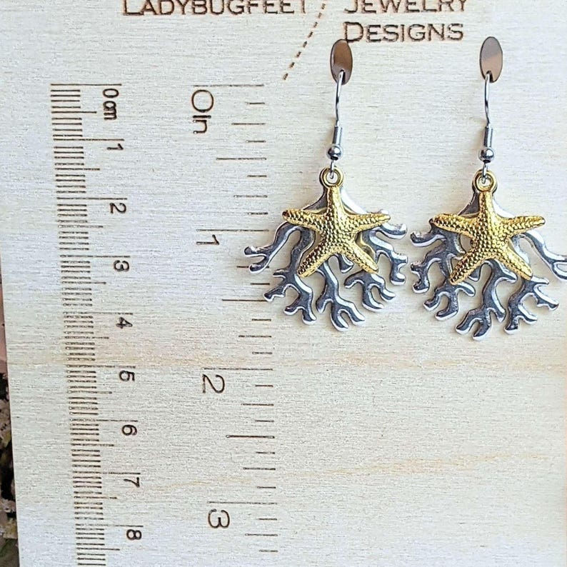 Starfish & Coral dangle earrings, Two-Tone - - LadybugfeetDesigns -