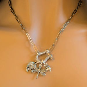 Forest Friends Dragonfly Shackle Clasp Carabiner Necklace, Silver - Adjusts up to 20 inches - - LadybugfeetDesigns -