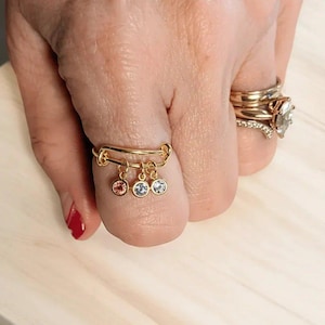 Mother's Birthstone Charm Ring, Adjustable, 14k Gold-Filled - - LadybugfeetDesigns -