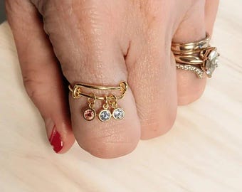 Mother's Birthstone Charm Ring, Adjustable, Gold