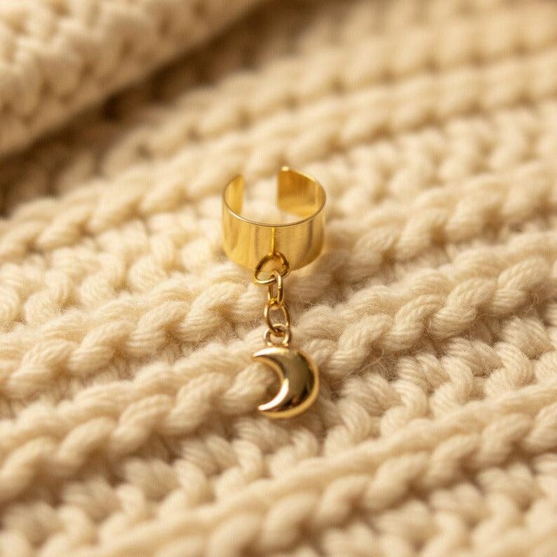 Puffy Crescent Moon Ear Cuff, Gold - - LadybugfeetDesigns -