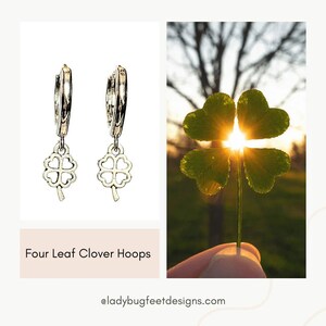 Silver 4 Leaf Clover Huggie Hoop earrings, 15mm Hoop Drop - - LadybugfeetDesigns -