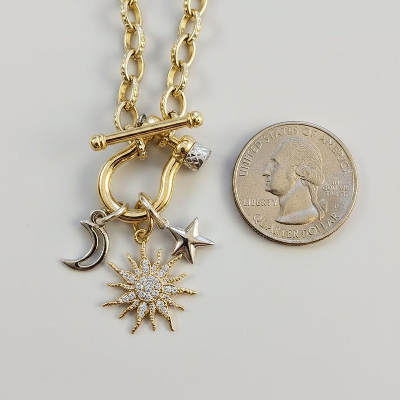 Gold CZ Sun and Silver Moon and Star Shackle Clasp Carabiner Necklace, Gold - 20 inch - - LadybugfeetDesigns -