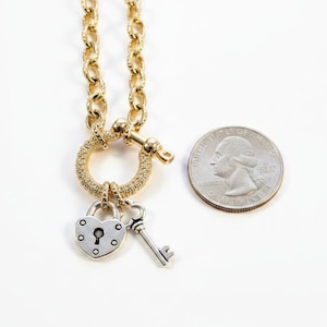 Heart Lock and Key Shackle Clasp Carabiner Necklace, Gold - Adjusts up to 20 inches - - LadybugfeetDesigns -