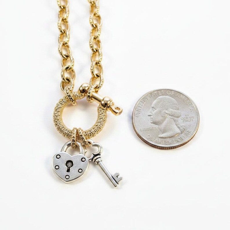 Heart Lock and Key Shackle Clasp Carabiner Necklace, Gold - Adjusts up to 20 inches - - LadybugfeetDesigns -