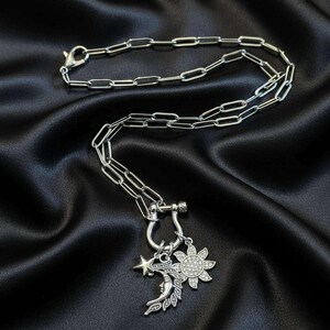 Celestial Moon Face, CZ Sun and Star Shackle Clasp Carabiner Necklace, Silver - 20 inch - - LadybugfeetDesigns -