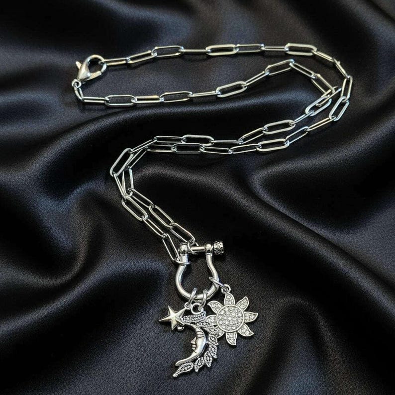 Celestial Moon Face, CZ Sun and Star Shackle Clasp Carabiner Necklace, Silver - 20 inch - - LadybugfeetDesigns -