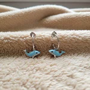 Whale Hoop Earrings, Silver - 16mm - - LadybugfeetDesigns -