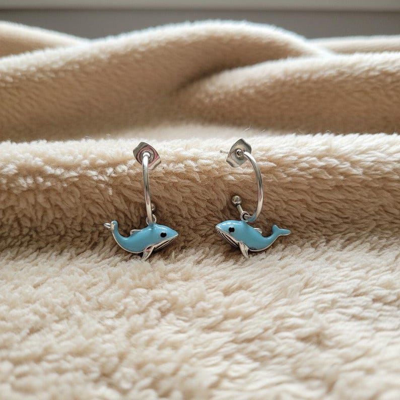 Whale Hoop Earrings, Silver - 16mm - - LadybugfeetDesigns -