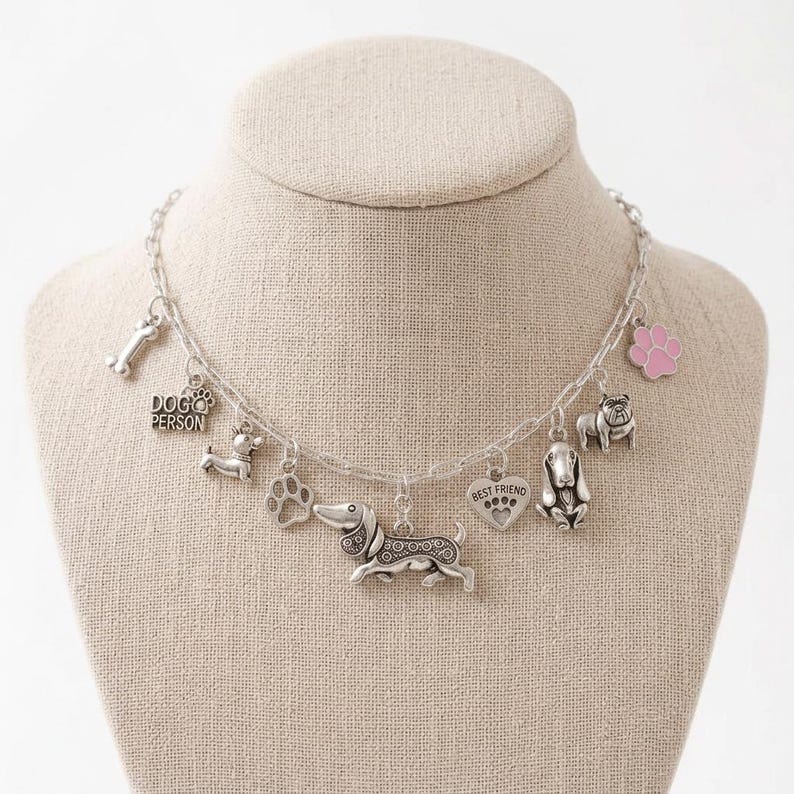 Dog Person Multi Charm Link Necklace, Silver - 20 inch - - LadybugfeetDesigns -