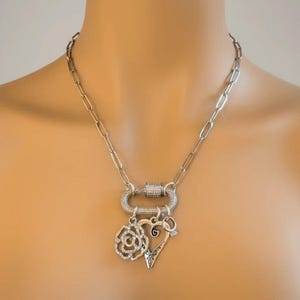 Romantic Rose, Heart, Diamond Ring Carabiner Necklace, Silver - 20 inch - - LadybugfeetDesigns -
