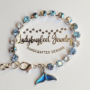Whale/Dolphin Tail Faceted Crystal Bracelet, Silver - - LadybugfeetDesigns -
