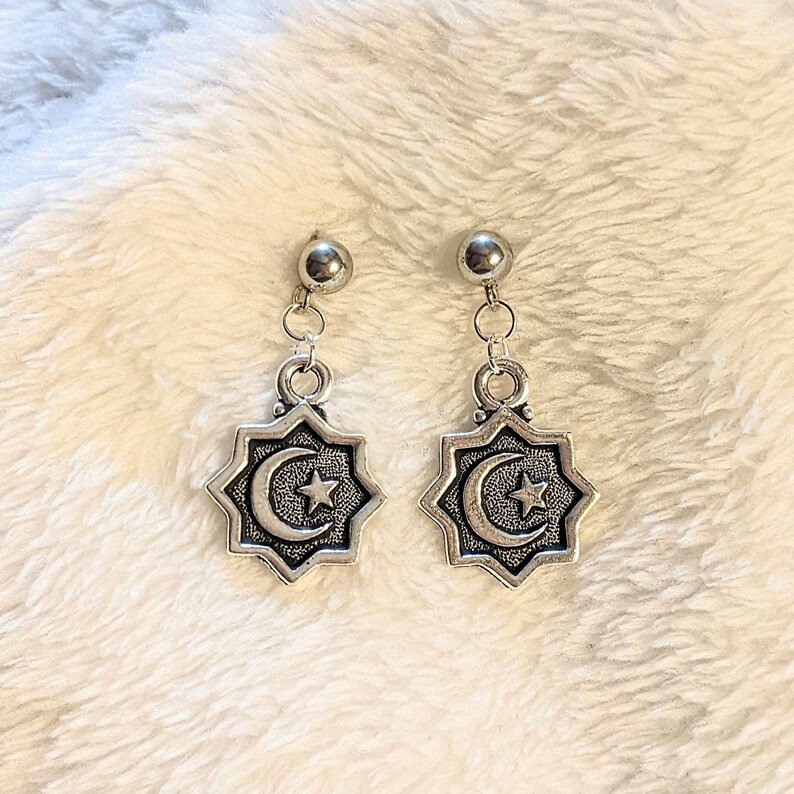 Crescent Moon/Star Charm Drop Stud Earrings-Silver - - LadybugfeetDesigns -