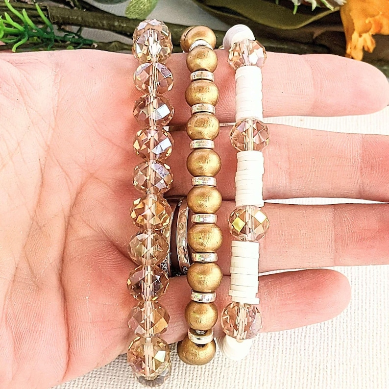 Cream & Crystals Stretch Bracelet Stack - - LadybugfeetDesigns -