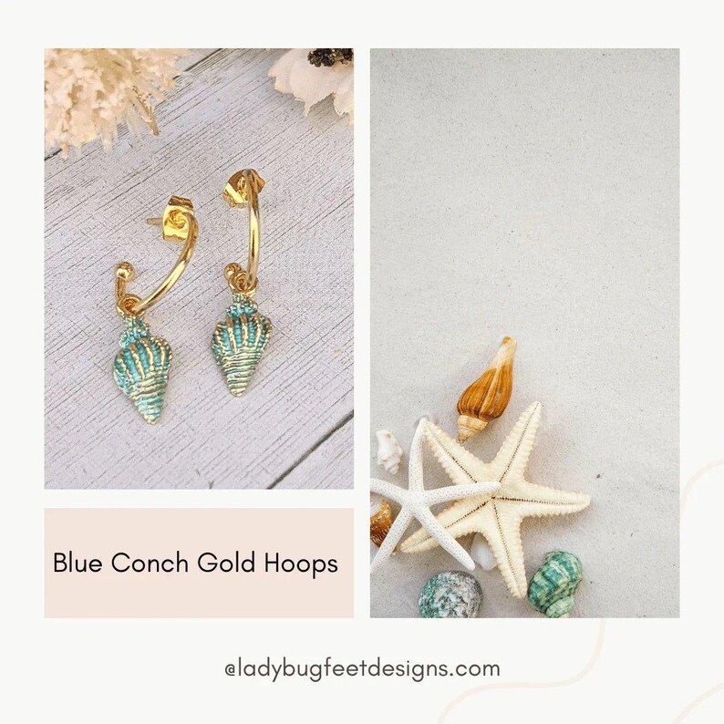 Sea Blue Conch Seashell gold hoop earrings, Hoop Drop, 16mm - - LadybugfeetDesigns -