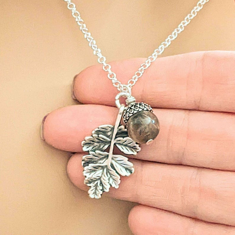 Acorn Oak Leaf Necklace, Silver - - LadybugfeetDesigns -